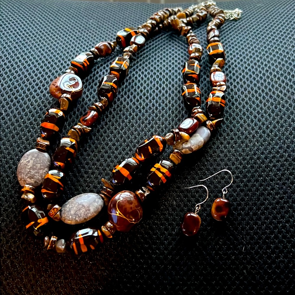 New Brown Copper Beads Multi-Strand Fashion Necklace Earrings Set